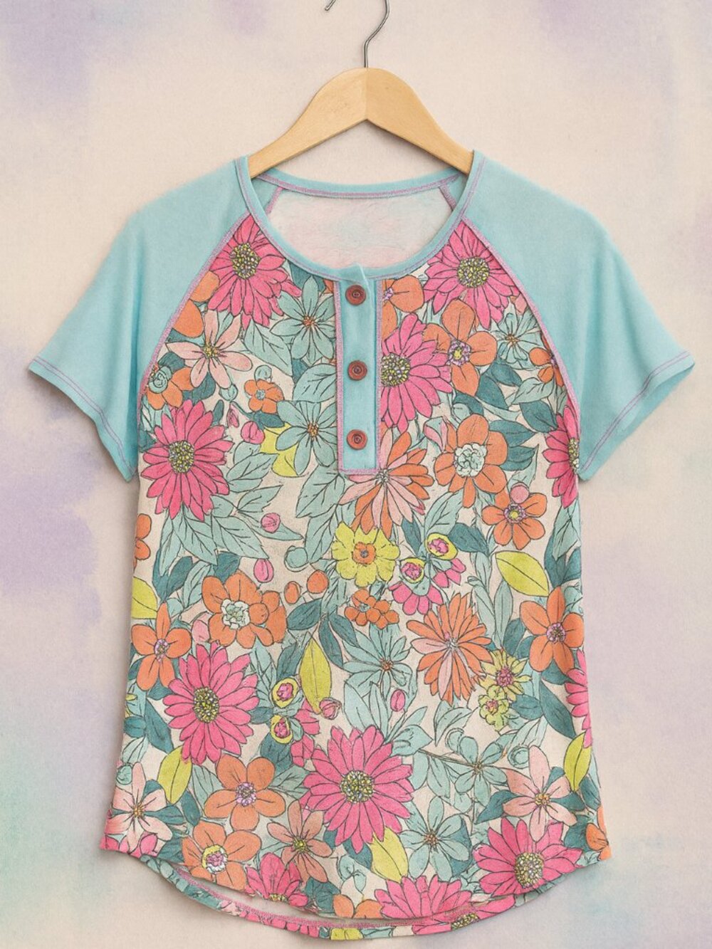 Lovely Melody Floral Henley Top • Multiple Sizes • Soft Stretch Blend